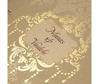 Multifaith designer wedding card in shiny light brown colour
